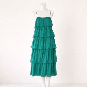 Anthropologie Teal Tiered Midi Dress Spaghetti Strap Textured Chiffon Small